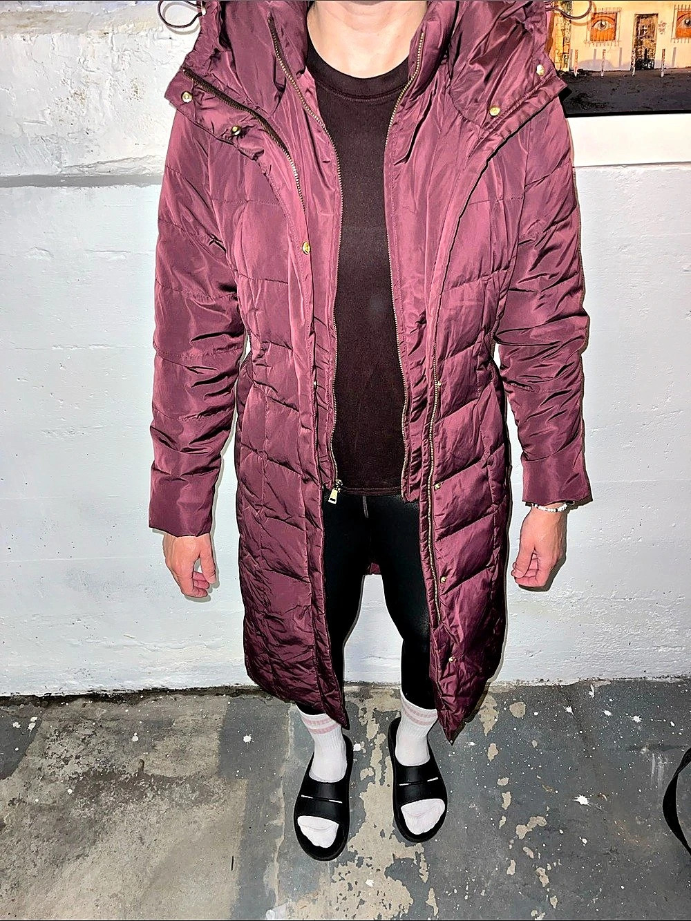 Cole Haan Signature Long Hooded Puffer Coat Purple Small